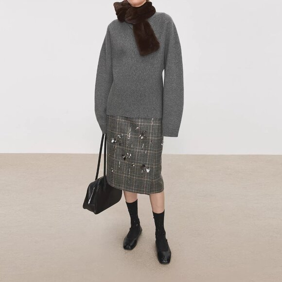 CHICJOC Heavy Wool Plaid Midi Skirt with Hand Beading – NWT – Size 38 - Picture 3 of 9